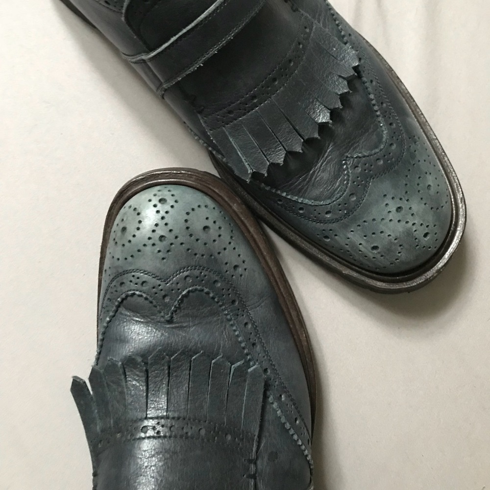 Sergio Rossi Distressed Blue Fringed Loafers